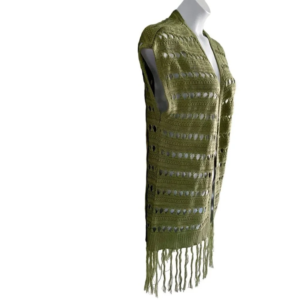 Jolie & Joy Green Open Knit Sleeveless Cardigan Tassels Junior's Size Medium NEW